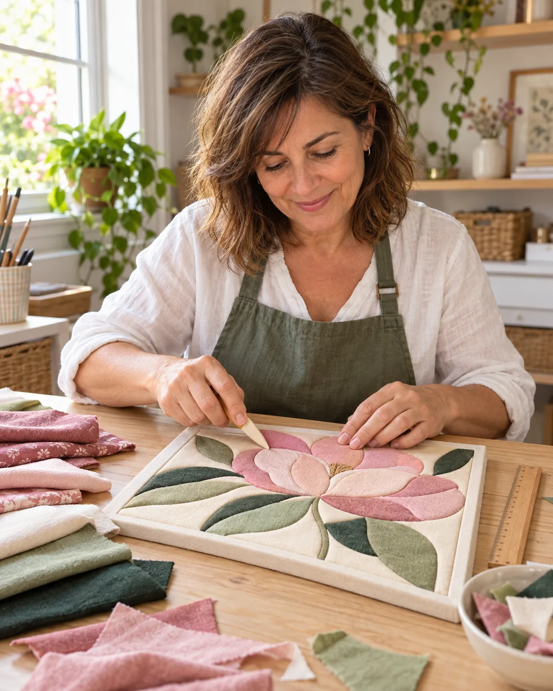 Mujer realizando un cuadro floral de kinusaiga con retazos rosa y verde