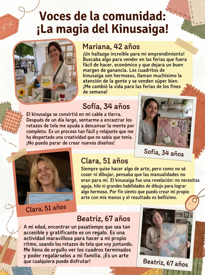 Reseñas de Mariana, Sofía, Clara y Beatriz sobre el kinusaiga como emprendimiento, actividad relajante, arte sin costura y pasatiempo accesible